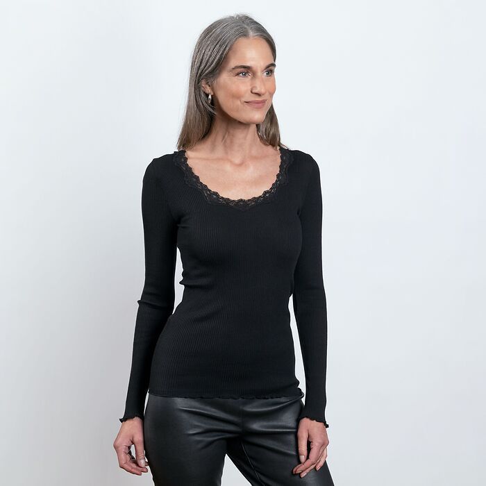 Rosemunde Langarm-Seidenshirt  mit Spitze Babette Grau L